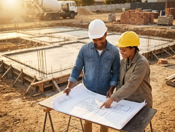 A South African couple reviewing building plans with a contractor at a construction site for their new home